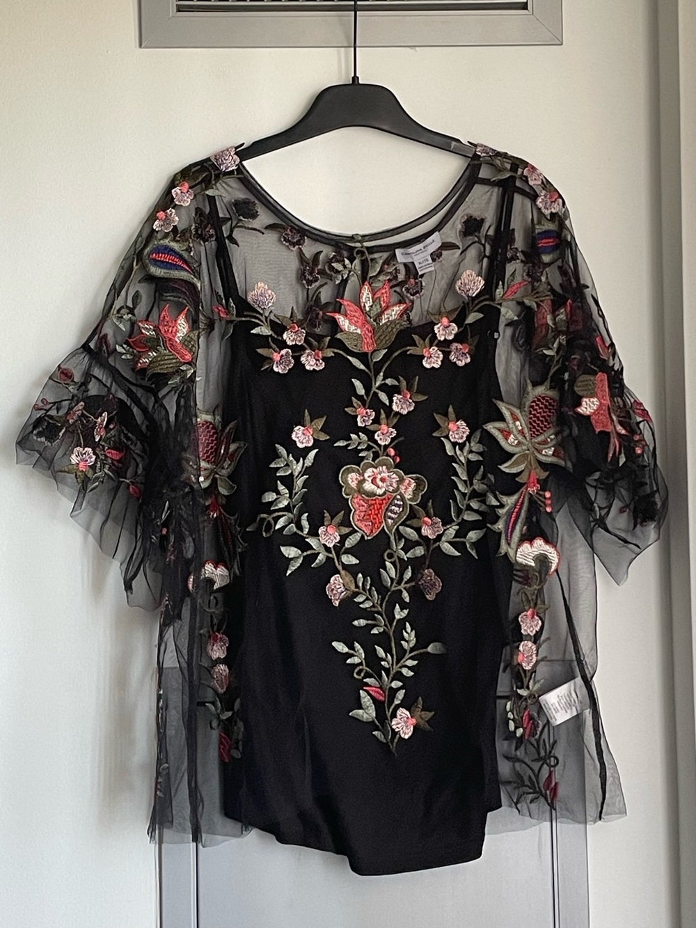 NWT CAROLINA BELLE Black Sheer Floral Embroidered Overlay Top
